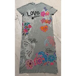 Natural Life Love Graphic Maxi T-Shirt Dress Olive Floral Doodle XS Boho Relaxed